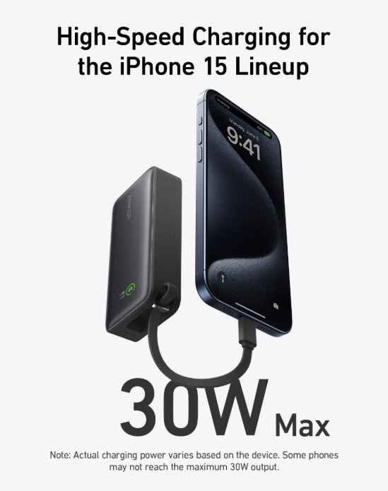 Anker 10,000 Nano Power Bank with Built-In USB-C Cable 30W Black