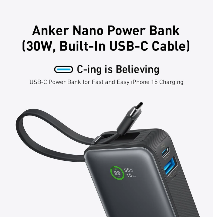 Anker 10,000 Nano Power Bank with Built-In USB-C Cable 30W Black