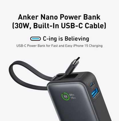 Anker 10,000 Nano Power Bank with Built-In USB-C Cable 30W Black