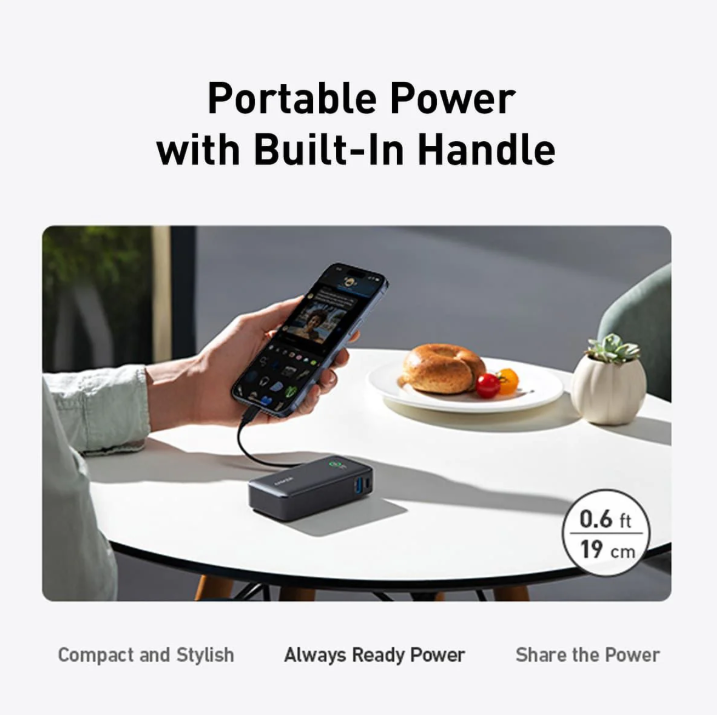 Anker 10,000 Nano Power Bank with Built-In USB-C Cable 30W Black
